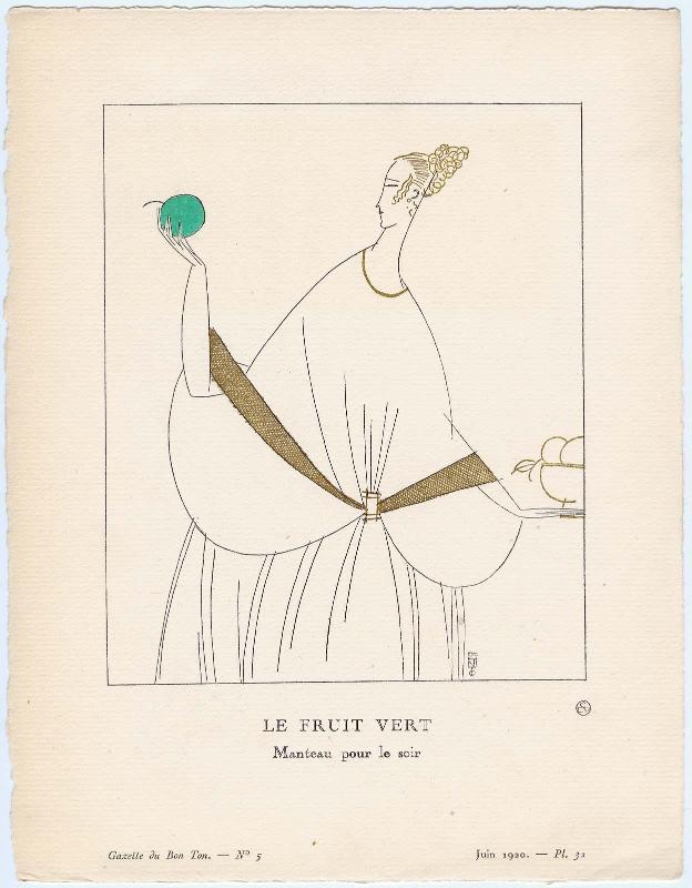 "Le Fruit Vert - Manteau pour le soir," plate 32 from Gazette du Bon Ton, Volume 1, No. 5