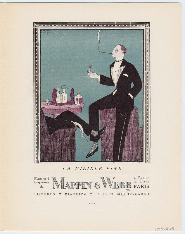 "La Vielle Fine - Flacons à Liqueurs de Mappin & Webb, Ltd.," advertisement from Gazette du Bon Ton, Volume 2, No. 6, p. XLIX