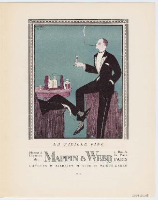 "La Vielle Fine - Flacons à Liqueurs de Mappin & Webb, Ltd.," advertisement from Gazette du Bon Ton, Volume 2, No. 6, p. XLIX