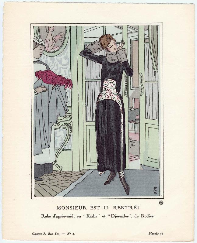 "Monsieur Est-Il Rentré? - Robe d'après-midi en "Kasha" et "Djersador," de Rodier," plate 56 from Gazette du Bon Ton, Volume 2, No. 8