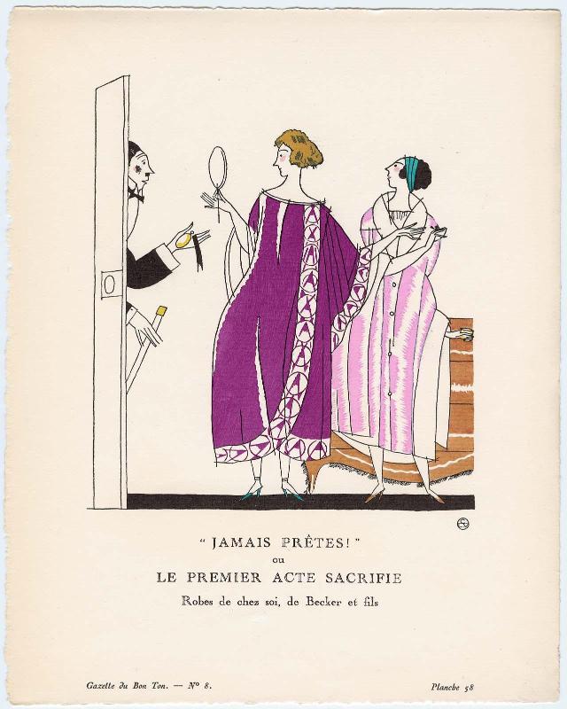 "'Jamais Prêtes!' ou Le Premier Acte Sacrifie - Robes de chez soi, de Becker et fils," plate 58 from Gazette du Bon Ton, Volume 2, No. 8
