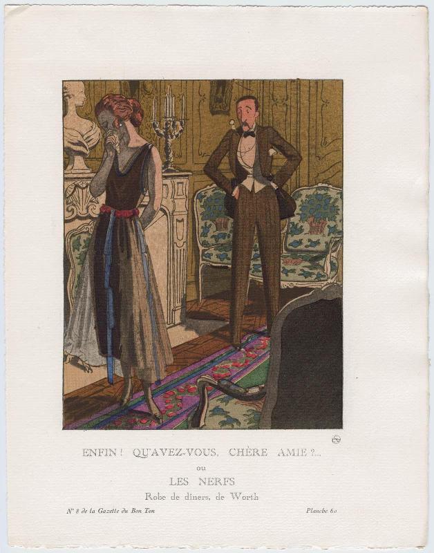 "Enfin! Qu'Avez-Vous, Chère Amie?... ou Les Nerfs - Robe de dîners, de Worth," plate 60 from Gazette du Bon Ton, Volume 2, No. 8