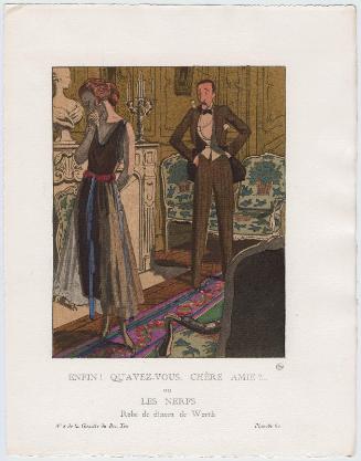 "Enfin! Qu'Avez-Vous, Chère Amie?... ou Les Nerfs - Robe de dîners, de Worth," plate 60 from Gazette du Bon Ton, Volume 2, No. 8