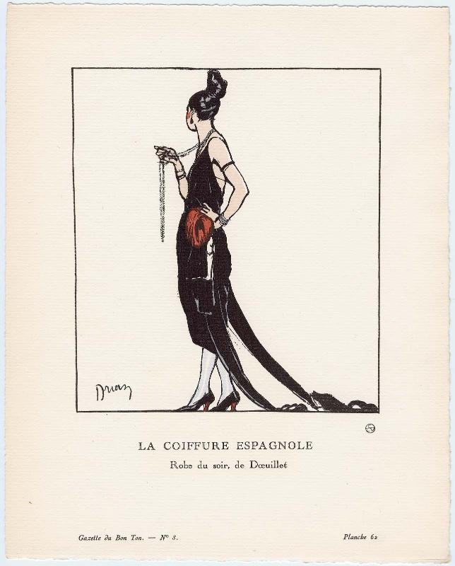 "La Coiffure Espagnole - Robe du soir, de Dœuillet," plate 62 from Gazette du Bon Ton, Volume 2, No. 8