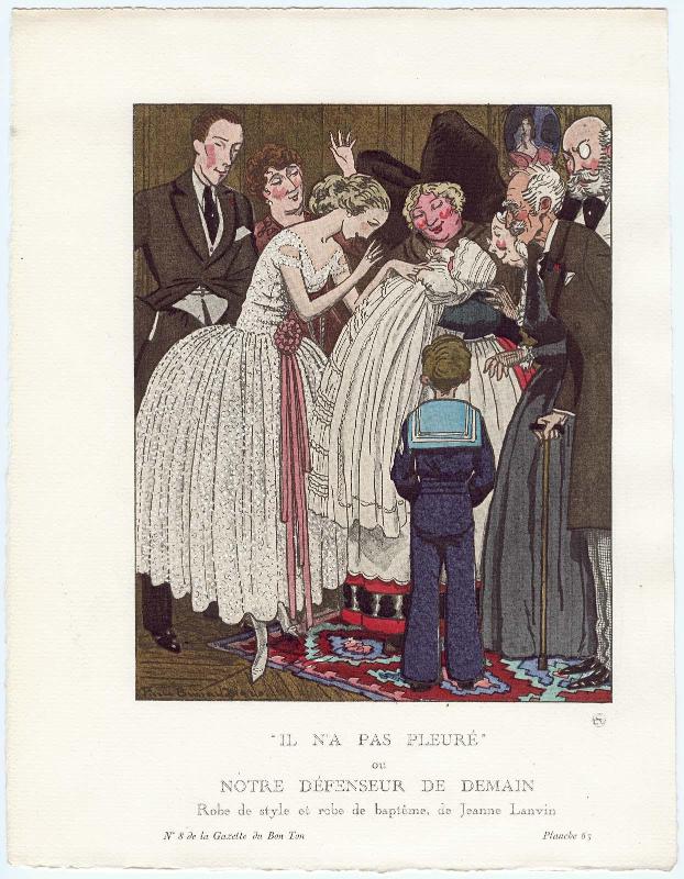 "'Il N'a Pas Pleuré' ou Notre Défenseur de Demain - Robe de style et robe de baptême, de Jeanne Lanvin," plate 63 from Gazette du Bon Ton, Volume 2, No. 8