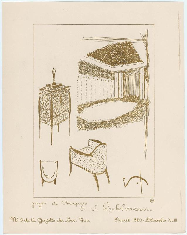 "Une Salle de Bains et Deux Pages de Croquis," croquis XLIII from Gazette du Bon Ton, Volume 2, No. 9