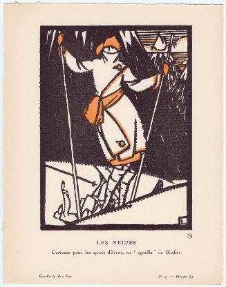"Les Neiges - Costume pour les sports d'hiver, en 'agnella' de Rodier," plate 65 from Gazette du Bon Ton, Volume 2, No. 9