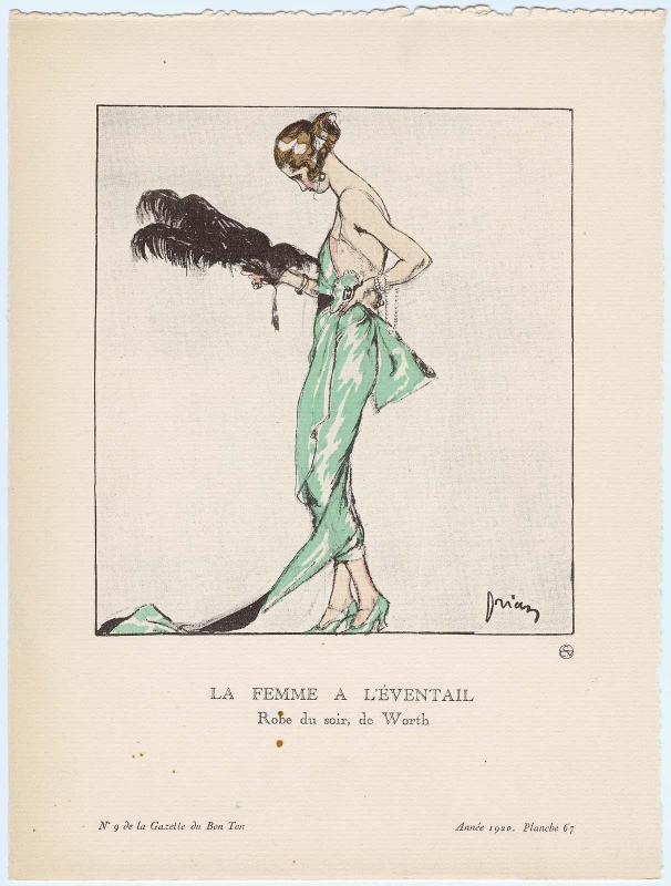 "La Femme a l'Eventail - Robe du soir, de Worth," plate 67 from Gazette du Bon Ton, Volume 2, No. 9