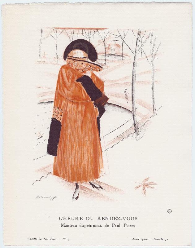 "L'Heure du Rendez-vous - Manteau d'après-midi, de Paul Poiret," plate 71 from Gazette du Bon Ton, Volume 2, No. 9