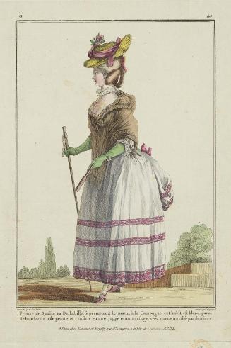 Gallerie des Modes et Costumes Français. 7e. Cahier des Costumes français. 1ere Suite d'Habillemens de Femmes à la mode. G.40  "Femme de Qualite en Deshabillé, se promenade le matin à la Campagne..."