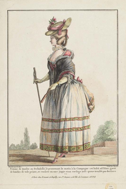 Gallerie des Modes et Costumes Français. 7e. Cahier des Costumes fFrançais. 1ere Suite d'Habillemens de Femmes à la mode. G.40 (duplicate)  "Femme de Qualite en Deshabillé, se promenade le matin à la Campagne..."