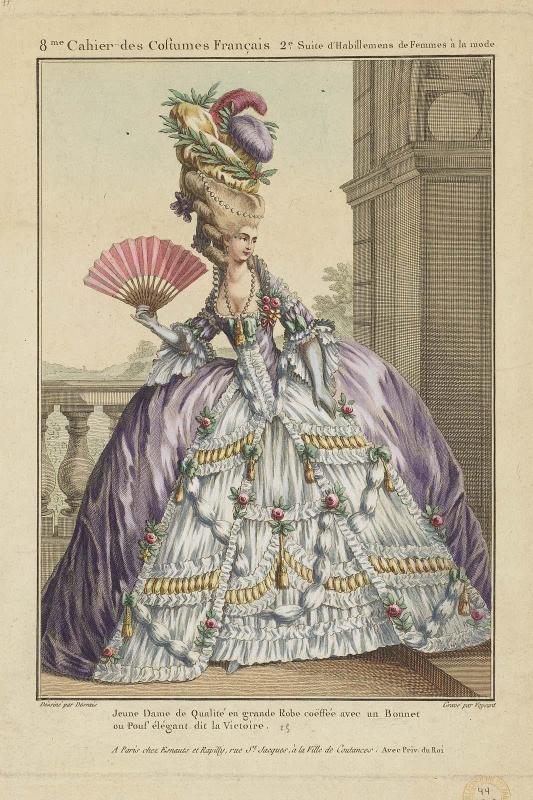 Gallerie des Modes et Costumes Français. 8e. Cahier des Costumes français.  2e Suite d'Habillemens de Femmes à la mode. H.43  "Jeune Dame de Qualité en grande Robe coëffée avec un Bonnet ou Pouf élégant dit la Victoire"