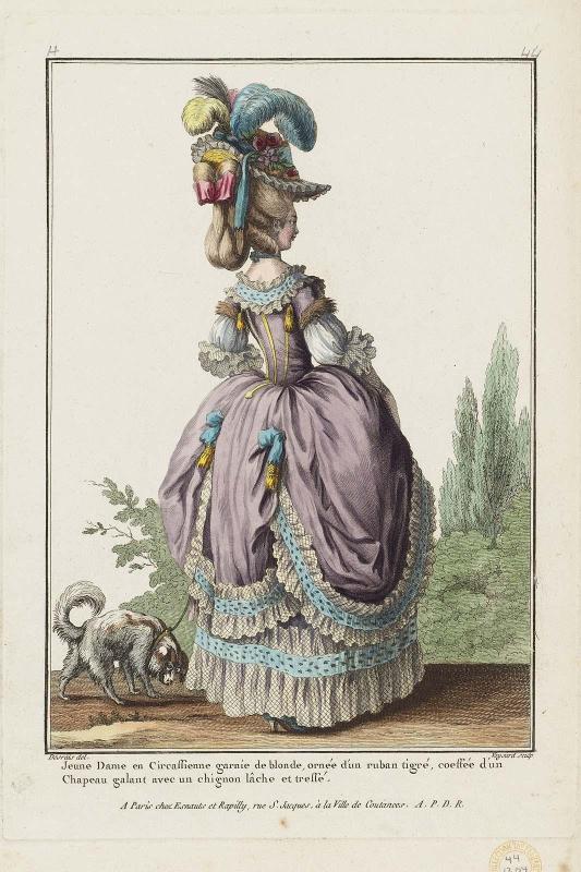 Gallerie des Modes et Costumes Français. 8e. Cahier des Costumes français. 2e Suite d'Habillemens de Femmes à la mode.  H.44  "Jeune Dame en Circassienne garnie de blonde..."
