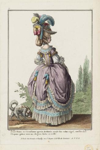 Gallerie des Modes et Costumes Français. 8e. Cahier des Costumes français. 2e Suite d'Habillemens de Femmes à la mode.  H.44  "Jeune Dame en Circassienne garnie de blonde..."