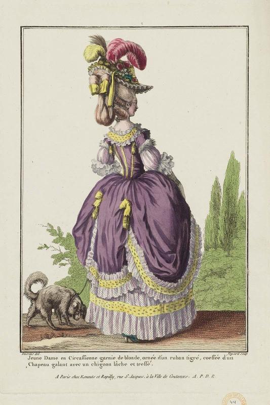 Gallerie des Modes et Costumes Français. 8e. Cahier des Costumes français.  2e Suite d'Habillemens de Femmes à la mode. H.44 (duplicate)  "Jeune Dame en Circassienne garnie de blonde..."