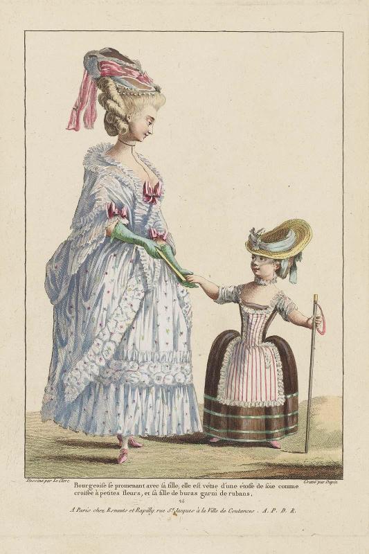 Gallerie des Modes et Costumes Français. 8e. Cahier des Costumes français. 2e Suite d'Habillemens de Femmes à la mode.  H.45  "Bourgeoise se promenant avec sa fille..."