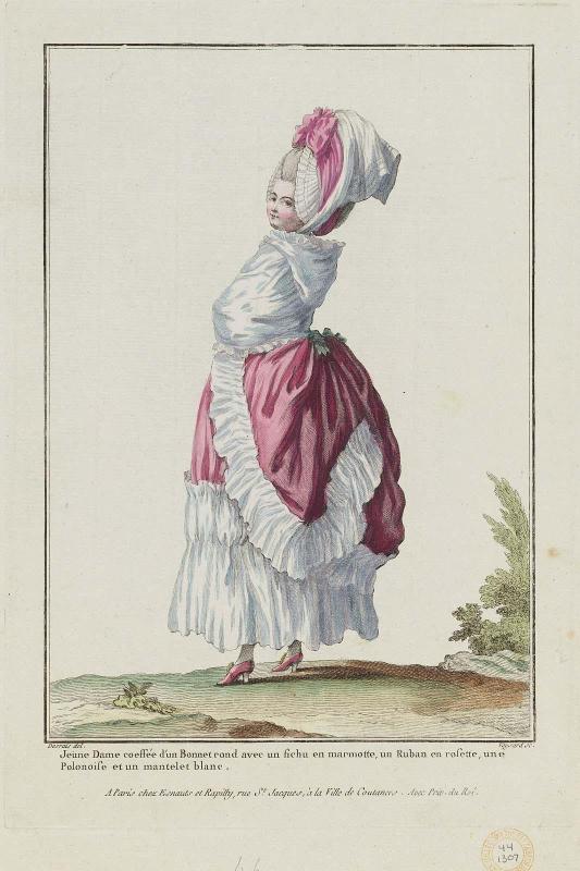 Gallerie des Modes et Costumes Français. 8e. Cahier des Costumes français. 2e Suite d'Habillemens de Femmes à la mode.  H.46  "Jeune Dame coeffée d'un Bonnet rond avec un fichu..."