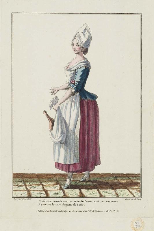 Gallerie des Modes et Costumes Français. 8e. Cahier des Costumes français. 2e Suite d'Habillemens de Femmes à la mode.  H.47  "Cuisiniere nouvellement arrivée de Province..."