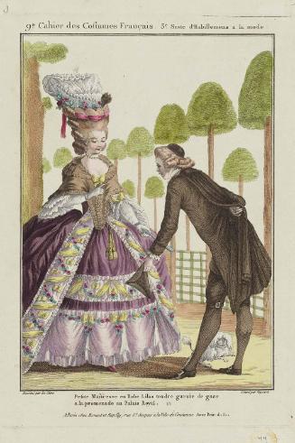 Gallerie des Modes et Costumes Français. 9e. Cahier des Costumes Français. 3e Suite d'Habillemens à la mode.  J.49  "Petite Maîtresse en Robe Lilas garnie de gaze a la promenade au Palais Royal"