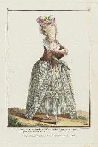 Gallerie des Modes et Costumes Français. 9e. Cahier des Costumes Français. 3e Suite d'Habillemens à la mode.  J.50 (duplicate)  "Elégante en petite robe de Taffetas des Indes rayé"