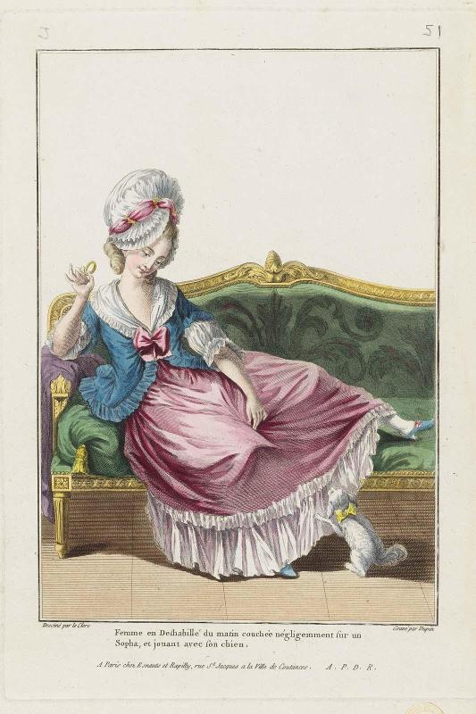 Gallerie des Modes et Costumes Français. 9e. Cahier des Costumes Français, 3e Suite d'Habillemens à la mode.  J.51 (duplicate)  "Femme en Deshabillé du matin couchée négligemment..."