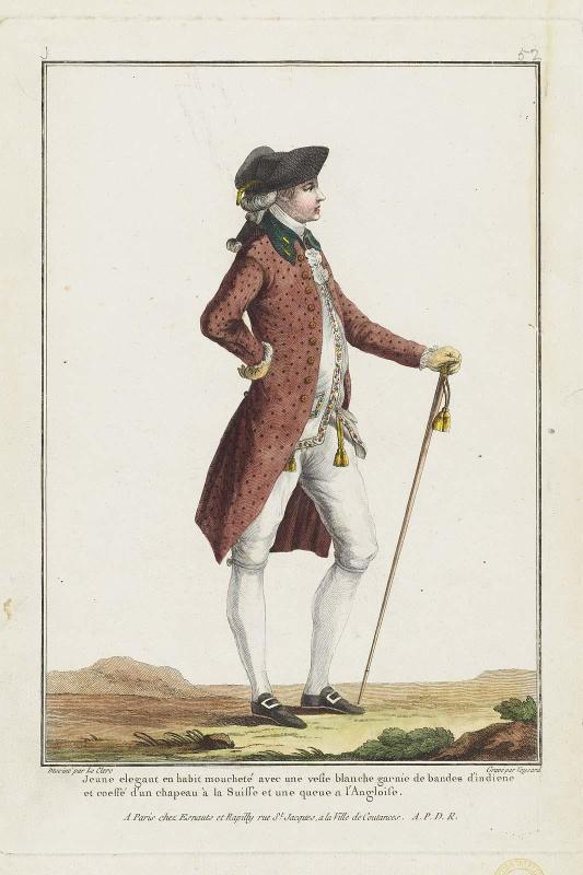 Gallerie des Modes et Costumes Français. 9e. Cahier des Costumes Français, 3e Suite d'Habillemens à la mode. J.52 (duplicate)  "Jeune elegant en habit moucheté avec une veste blanche..."