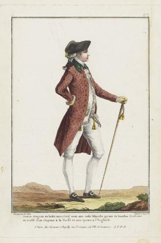 Gallerie des Modes et Costumes Français. 9e. Cahier des Costumes Français, 3e Suite d'Habillemens à la mode. J.52 (duplicate)  "Jeune elegant en habit moucheté avec une veste blanche..."