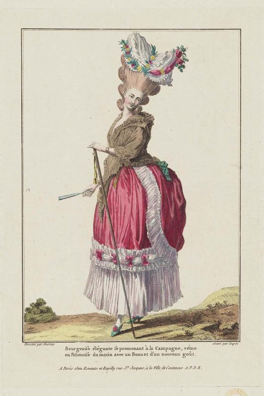 Gallerie des Modes et Costumes Français. 9e. Cahier des Costumes Français, 3e Suite d'Habillemens à la mode. J.53  "Bourgeoise élégante se promenant à la Campagne..."