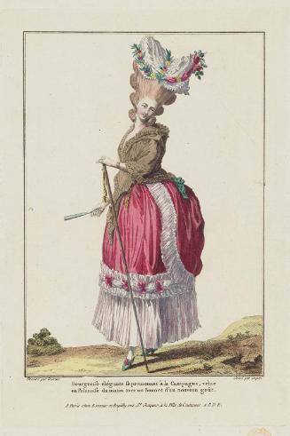 Gallerie des Modes et Costumes Français. 9e. Cahier des Costumes Français, 3e Suite d'Habillemens à la mode. J.53  "Bourgeoise élégante se promenant à la Campagne..."