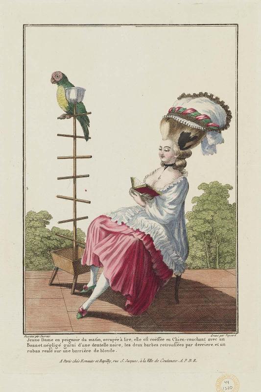 Gallerie des Modes et Costumes Français. 10e. Cahier des Costumes Français. 4e Suite d'Habillemens à la mode. K.56  "Jeune Dame en peignoir de matin, occupée à lire..."