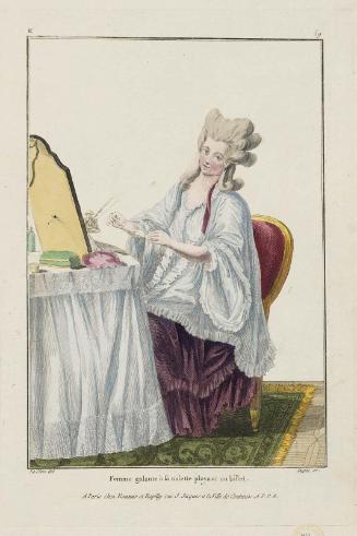 Gallerie des Modes et Costumes Français. 10e. Cahier des Costumes Français. 4e Suite d'Habillemens à la mode. K.57  "Femme galante à sa toilette ployant un billet."