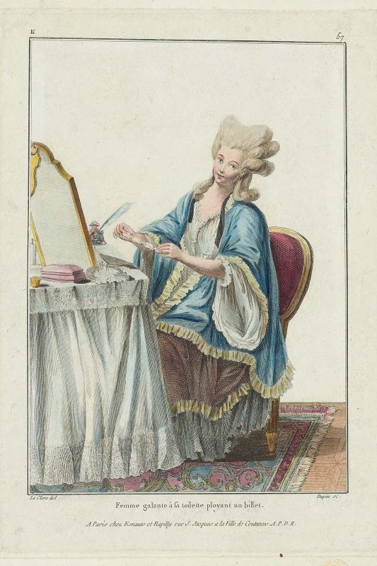 Gallerie des Modes et Costumes Français. 10e. Cahier des Costumes Français. 4e Suite d'Habillemens à la mode. K.57 (duplicate)  "Femme galante à sa toilette ployant un billet."
