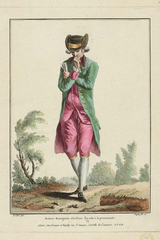 Gallerie des Modes et Costumes Français. 10e. Cahier des Costumes Français. 4e Suite d'Habillemens à la mode. K.58  "Acteur Bourgeois étudiant son role à la promenade."