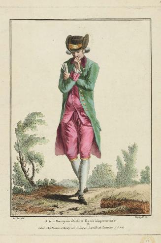 Gallerie des Modes et Costumes Français. 10e. Cahier des Costumes Français. 4e Suite d'Habillemens à la mode. K.58  "Acteur Bourgeois étudiant son role à la promenade."