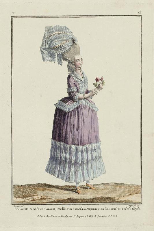 Gallerie des Modes et Costumes Français. 10e. Cahier des Costumes Français. 4e Suite d'Habillemens à la mode. K.59  "Demoiselle habillée en Caracot, coeffée d'un Bonnet à la Pouponne..."
