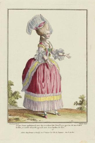 Gallerie des Modes et Costumes Français. 10e. Cahier des Costumes Français. 4e Suite d'Habillemens à la mode. K.60  "Jeune Dame en Polonaise avec des manches à la Circassiene..."