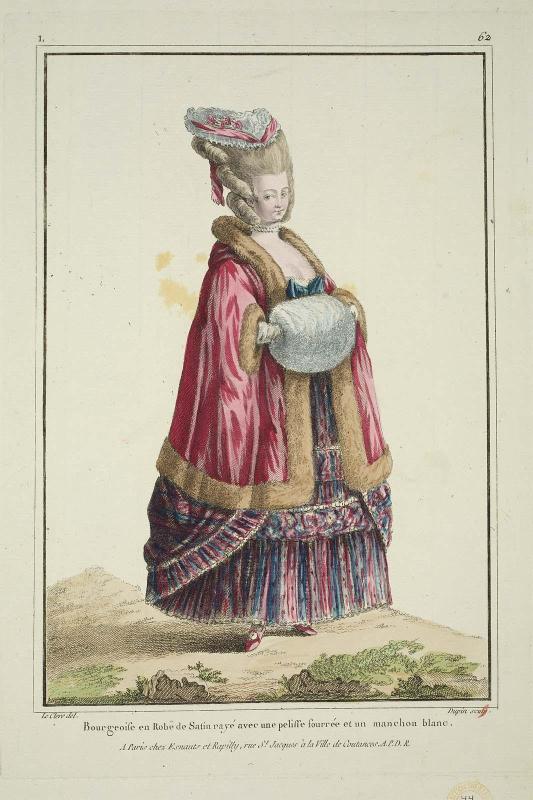 Gallerie des Modes et Costumes Français. 11e. Cahier des Costumes Français. 5e Suite d'Habillemens à la mode en 1778.  L.62 "Bourgeois en Robe de Satin rayé..."