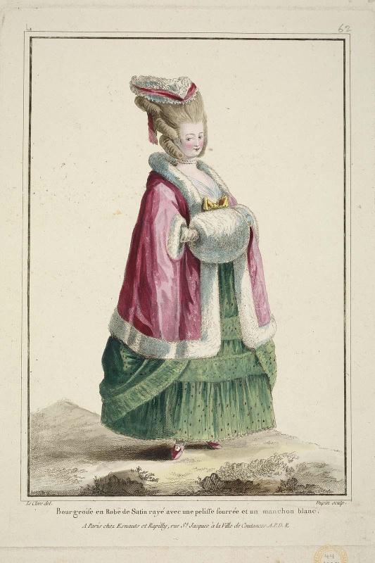 Gallerie des Modes et Costumes Français. 11e. Cahier des Costumes Français. 5e Suite d'Habillemens à la mode en 1778.  L.62 (duplicate)  "Bourgeois en Robe de Satin rayé..."