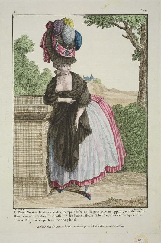 Gallerie des Modes et Costumes Français. 11e. Cahier des Costumes Français. 5e Suite d'Habillemens à la mode en 1778.  L.63  "La petite Mere au Rendez-vous des Champs Elisées..."