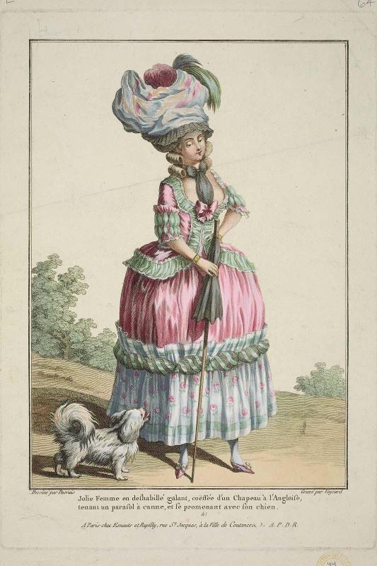 Gallerie des Modes et Costumes Français. 11e. Cahier des Costumes Français. 5e Suite d'Habillemens à la mode en 1778.  L.64  "Jolie  Femme en deshabillé galant..."