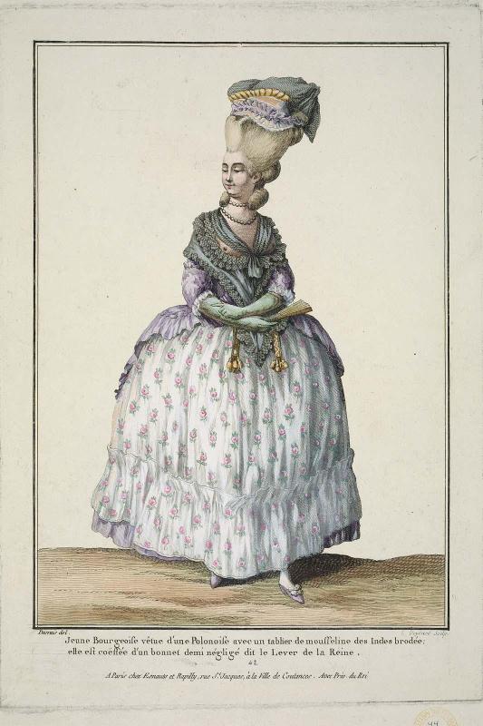 Gallerie des Modes et Costumes Français. 11e. Cahier des Costumes Français. 5e Suite d'Habillemens à la mode en 1778.  L.65  "Jeune Bourgeoise vêtue d'unê Polonoise..."