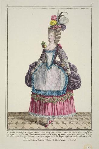 Gallerie des Modes et Costumes Français. 11e. Cahier des Costumes Français. 5e Suite d'Habillemens à la mode en 1778.  L.66  "Habit de bal, le corsage et le juppon rutrossés..."