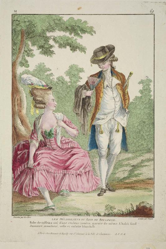 Gallerie des Modes et Costumes Français. 12e. Cahier des Costumes Français, 6e Suite d'Habillemens à la mode en 1778.  M.69  "Les Délassemens du Bois de Boulogne.  Robe de taffetas..."