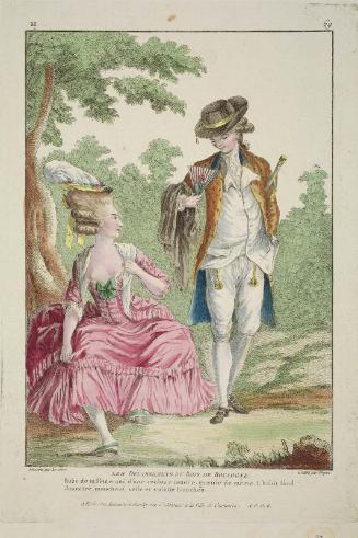 Gallerie des Modes et Costumes Français. 12e. Cahier des Costumes Français, 6e Suite d'Habillemens à la mode en 1778.  M.69  "Les Délassemens du Bois de Boulogne.  Robe de taffetas..."