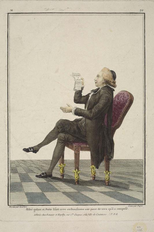 Gallerie des Modes et Costumes Français. 12e. Cahier des Costumes Français, 6e Suite d'Habillemens à la mode en 1778.  M.70  "Abbé galant et Pöete lisant..."