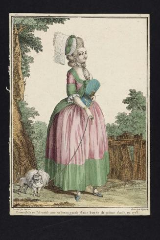 Gallerie des Modes et Costumes Français. 12e. Cahier des Costumes Français, 6e Suite d'Habillemens à la mode en 1778.  M.71  "Demoiselle en Polonoise unie en Buras..."