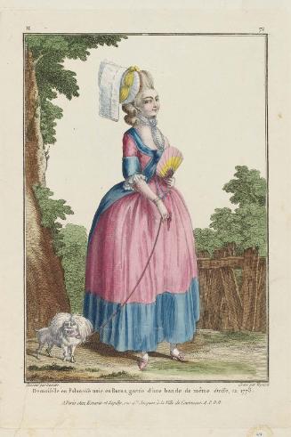 Gallerie des Modes et Costumes Français. 12e. Cahier des Costumes Français, 6e Suite d'Habillemens à la mode en 1778.  M.71 (duplicate)  "Demoiselle en Polonoise unie en Buras..."