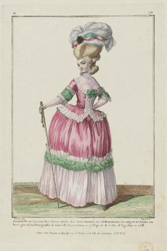 Gallerie des Modes et Costumes Français. 12e. Cahier des Costumes Français, 6e Suite d'Habillemens à la mode en 1778.  M.72  "Demoiselle en caracot de taffetas, cöffée d'un demi bonnet..."