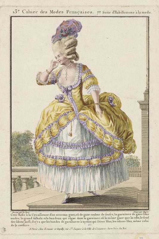 Gallerie des Modes et Costumes Français. 13e. Cahier des Costumes Français, 7e Suite d'Habillemens à la mode.  N.73  "Cette Robe à la Circassienne d'un nouveau gout..."