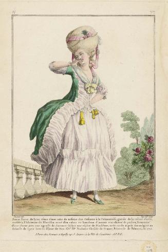 Gallerie des Modes et Costumes Français. 13e. Cahier des Costumes Français, 7e Suite d'Habillemens à la mode.  N.77  "Jeune Dame de Lyon vêtue d'une robe de taffetas..."